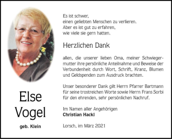 Traueranzeige von Else Vogel von Bergsträßer Anzeiger