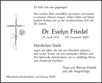 Traueranzeige von Evelyn Friedel von Mannheimer Morgen