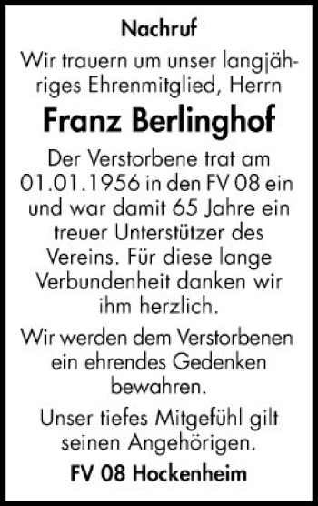 Traueranzeige von Franz Berlinghof von Schwetzinger Zeitung