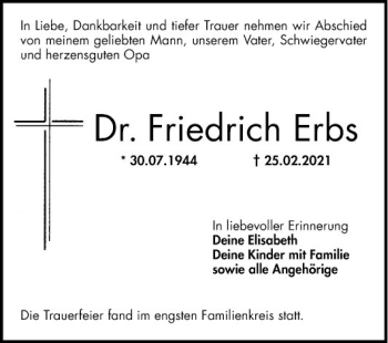 Traueranzeige von Friedrich Erbs von Mannheimer Morgen