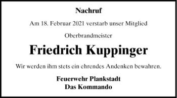 Traueranzeige von Friedrich Kuppinger von Schwetzinger Zeitung