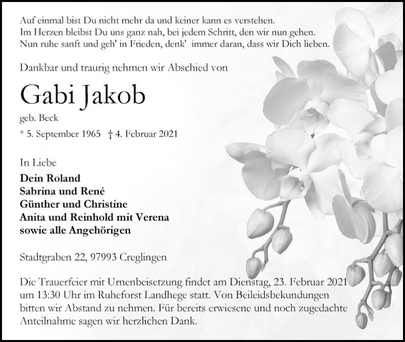  Traueranzeige für Gabi Jakob vom 20.02.2021 aus Fränkische Nachrichten