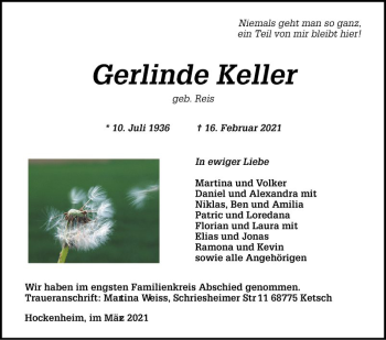 Traueranzeige von Gerlinde Keller von Schwetzinger Zeitung