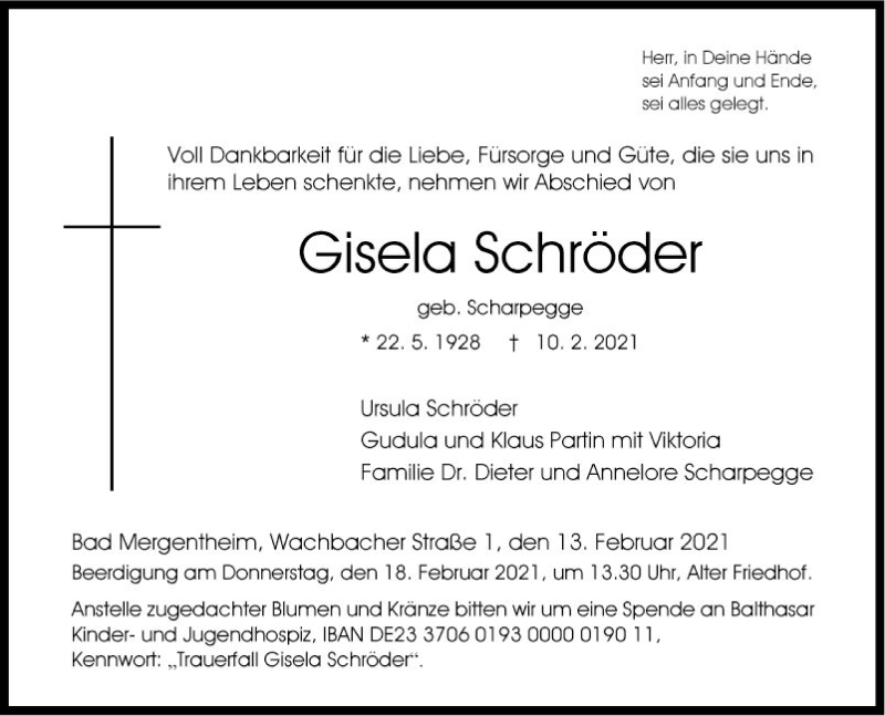  Traueranzeige für Gisela Schröder vom 13.02.2021 aus Fränkische Nachrichten