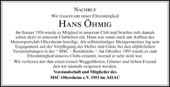 Traueranzeige von Hans Öhmig von Schwetzinger Zeitung