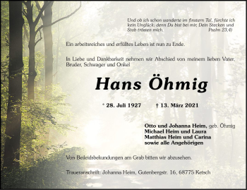 Traueranzeige von Hans Öhmig von Schwetzinger Zeitung