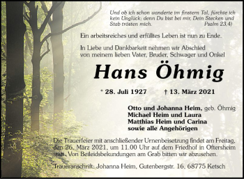 Traueranzeige von Hans Öhmig von Schwetzinger Zeitung
