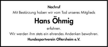 Traueranzeige von Hans Öhmig von Schwetzinger Zeitung