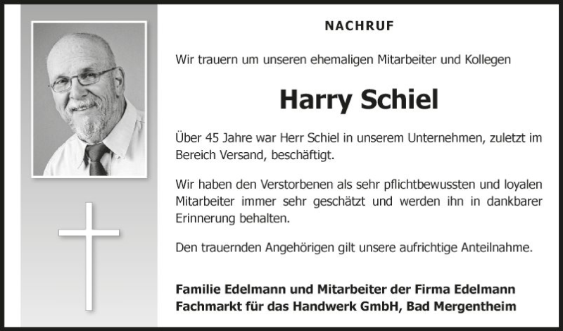  Traueranzeige für Harry Schiel vom 18.03.2021 aus Fränkische Nachrichten