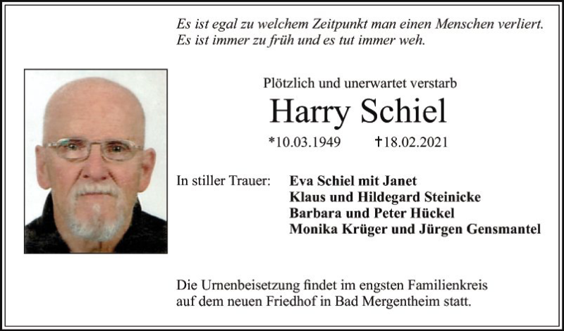  Traueranzeige für Harry Schiel vom 16.03.2021 aus Fränkische Nachrichten