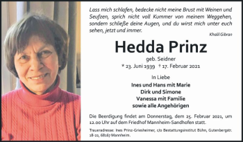 Traueranzeige von Hedda Prinz von Mannheimer Morgen