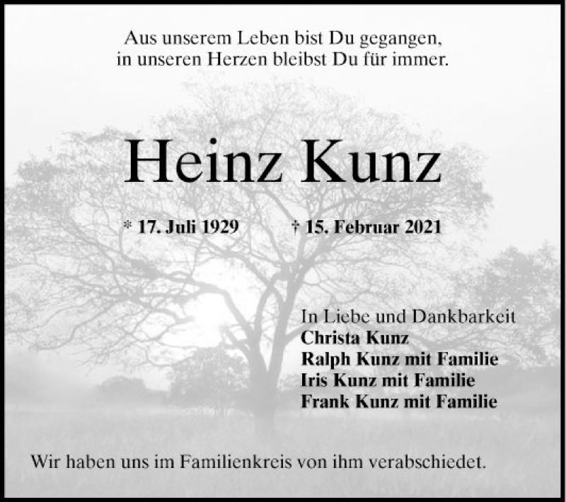  Traueranzeige für Heinz Kunz vom 13.03.2021 aus Mannheimer Morgen