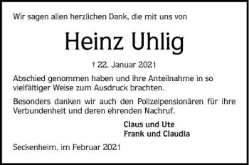 Traueranzeige von Heinz Uhlig von Mannheimer Morgen