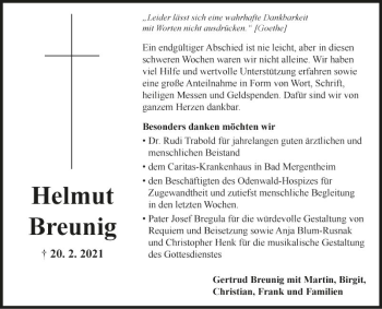 Traueranzeige von Helmut Breunig von Fränkische Nachrichten