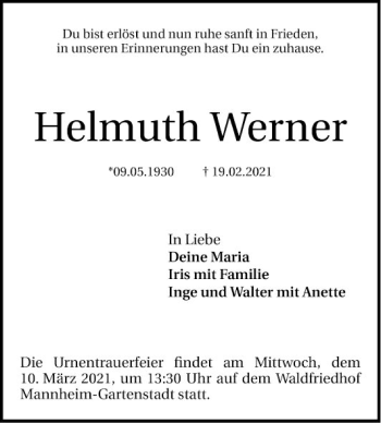 Traueranzeige von Helmuth Werner von Mannheimer Morgen