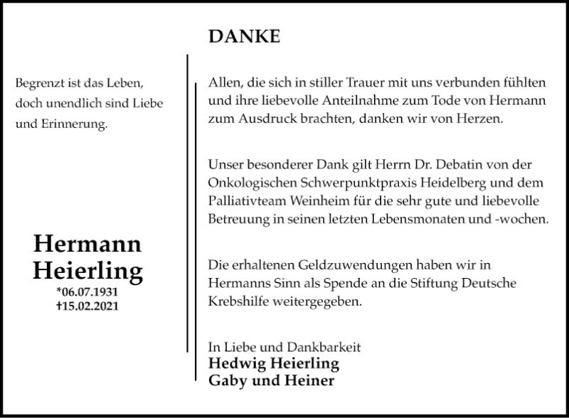  Traueranzeige für Hermann Heierling vom 13.03.2021 aus Mannheimer Morgen