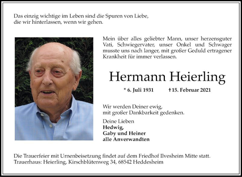  Traueranzeige für Hermann Heierling vom 20.02.2021 aus Mannheimer Morgen