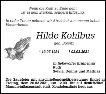 Traueranzeige von Hilde Kohlbus von Mannheimer Morgen