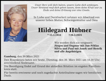 Traueranzeige von Hildegard Hübner von Fränkische Nachrichten