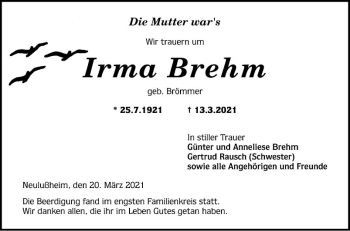 Traueranzeige von Irma Brehm von Schwetzinger Zeitung
