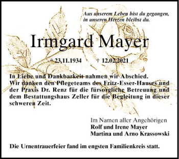 Traueranzeige von Irmgard Mayer von Mannheimer Morgen