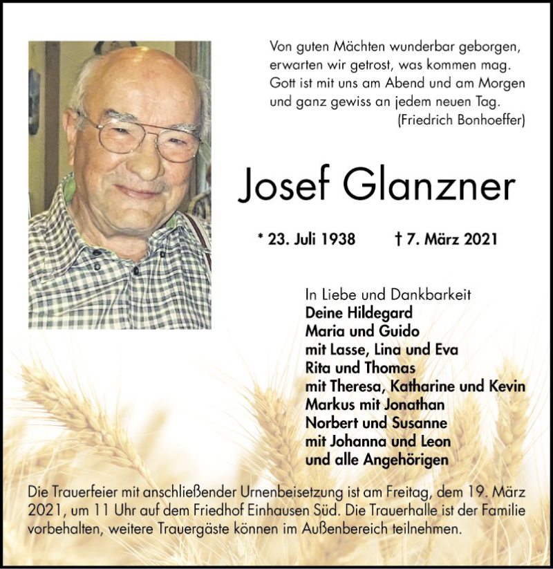  Traueranzeige für Josef Glanzner vom 13.03.2021 aus Bergsträßer Anzeiger