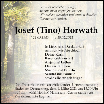 Traueranzeige von Josef Horwath von Mannheimer Morgen