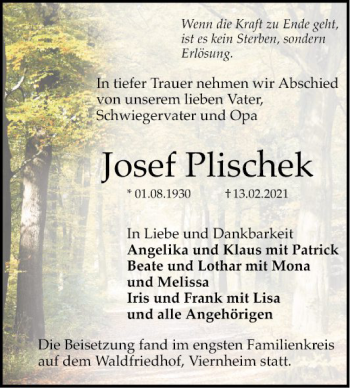 Traueranzeige von Josef Plischek von Mannheimer Morgen