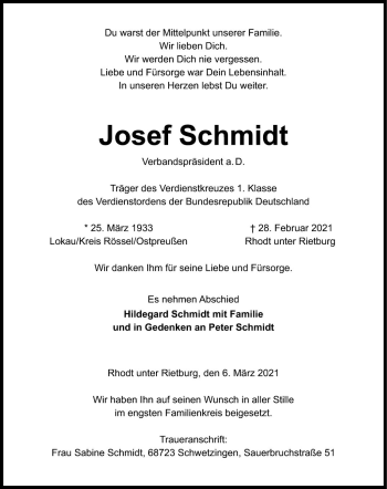 Traueranzeige von Josef Schmidt von Schwetzinger Zeitung