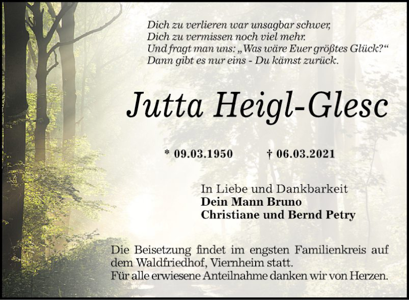  Traueranzeige für Jutta Heigl-Glesc vom 13.03.2021 aus Südhessen Morgen