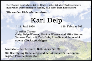 Traueranzeige von Karl Delp von Bergsträßer Anzeiger