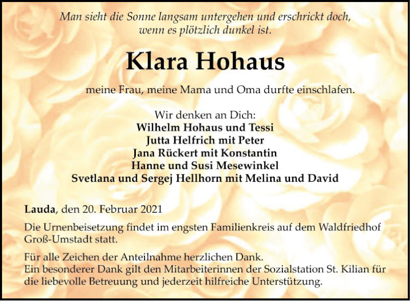  Traueranzeige für Klara Hohaus vom 20.02.2021 aus Fränkische Nachrichten