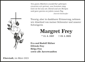 Traueranzeige von Margret Frey von Fränkische Nachrichten