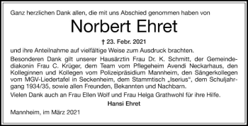 Traueranzeige von Norbert Ehret von Mannheimer Morgen
