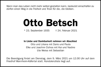 Traueranzeige von Otto Betsch von Mannheimer Morgen