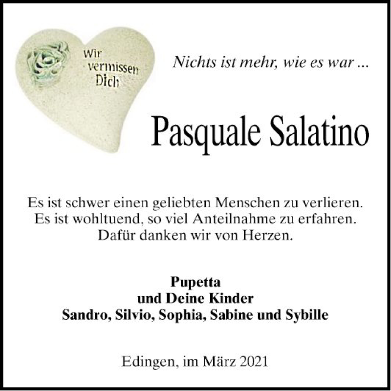  Traueranzeige für Pasquale Salatino vom 20.03.2021 aus Mannheimer Morgen