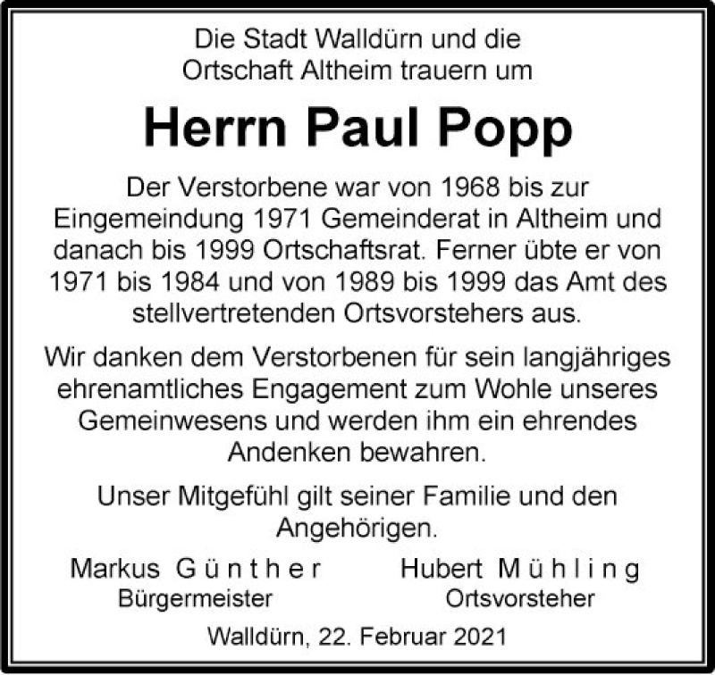  Traueranzeige für Paul Popp vom 20.02.2021 aus Fränkische Nachrichten