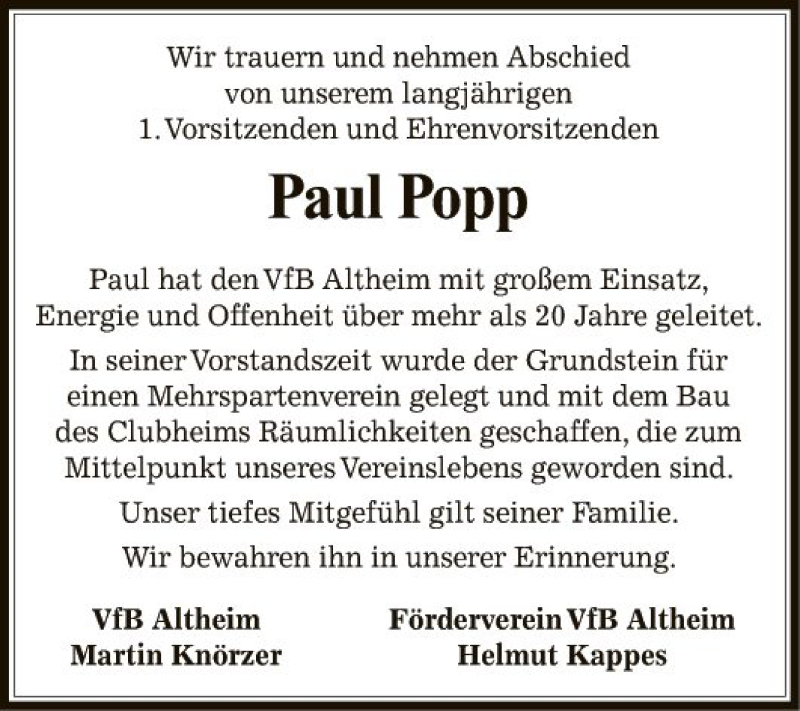  Traueranzeige für Paul Popp vom 20.02.2021 aus Fränkische Nachrichten