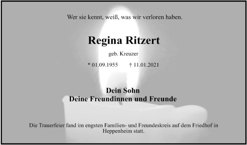  Traueranzeige für Regina Ritzert vom 12.03.2021 aus Bergsträßer Anzeiger