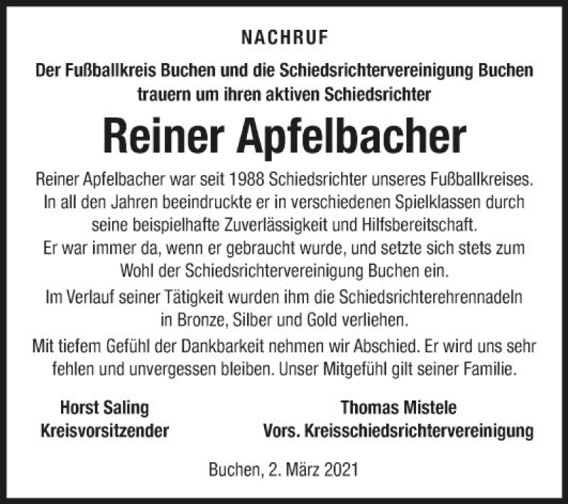  Traueranzeige für Reiner Apfelbacher vom 02.03.2021 aus Fränkische Nachrichten