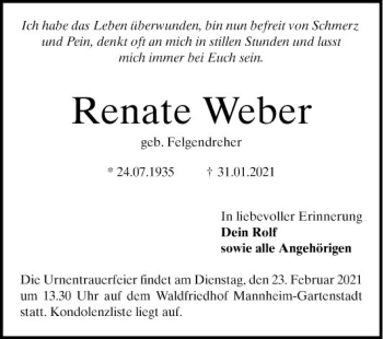 Traueranzeige von Renate Weber von Mannheimer Morgen