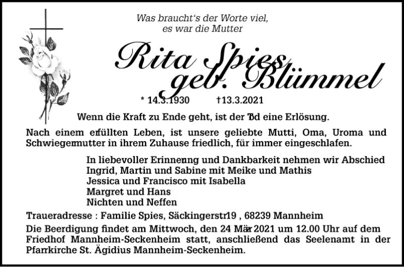 Traueranzeige für Rita Spies vom 20.03.2021 aus Mannheimer Morgen
