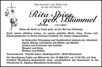 Traueranzeige von Rita Spies von Mannheimer Morgen
