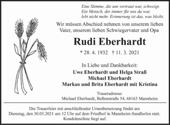 Traueranzeige von Rudi Eberhardt von Mannheimer Morgen