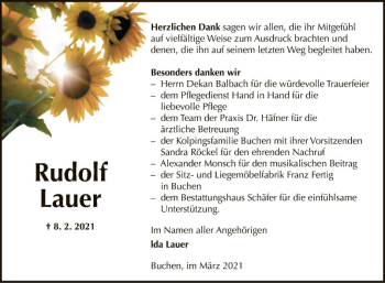 Traueranzeige von Rudolf Lauer von Fränkische Nachrichten