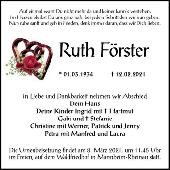 Traueranzeige von Ruth Förster von Mannheimer Morgen