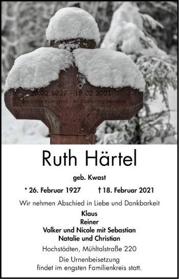 Traueranzeige von Ruth Härtel von Bergsträßer Anzeiger