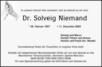 Traueranzeige von Solveig Niemand von Mannheimer Morgen