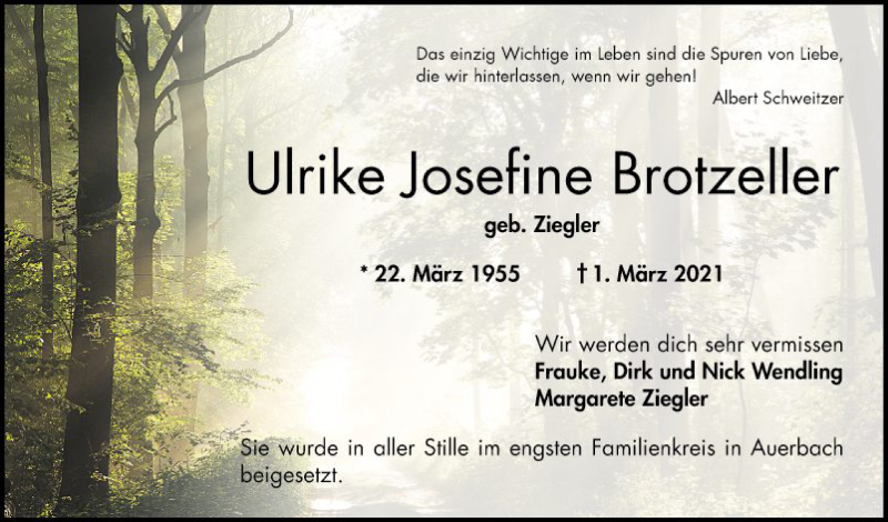  Traueranzeige für Ulrike Josefine Brotzeller vom 20.03.2021 aus Bergsträßer Anzeiger