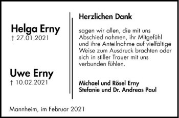 Traueranzeige von Uwe Erny von Mannheimer Morgen